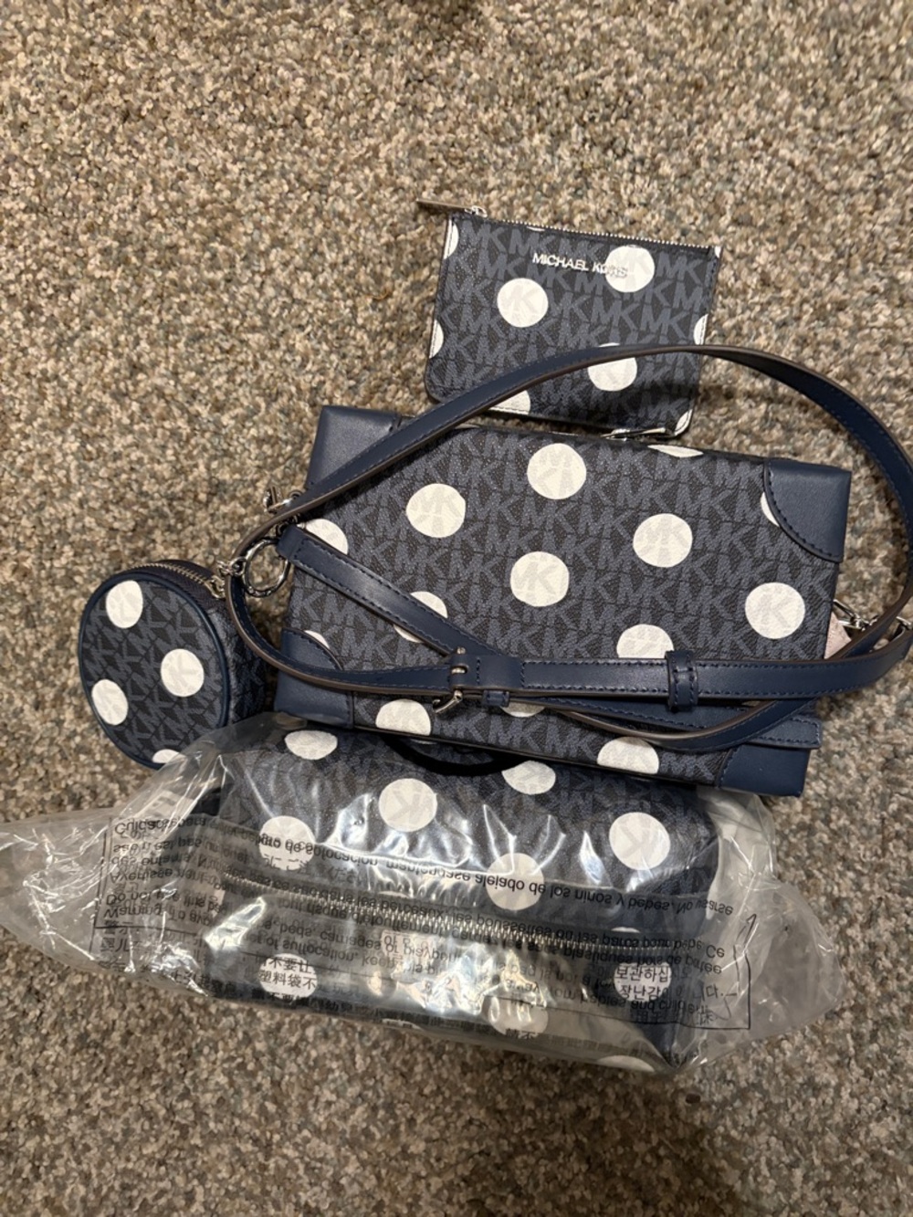 Michael Kors Navy and White Polka Dot Crossbody Bag Set